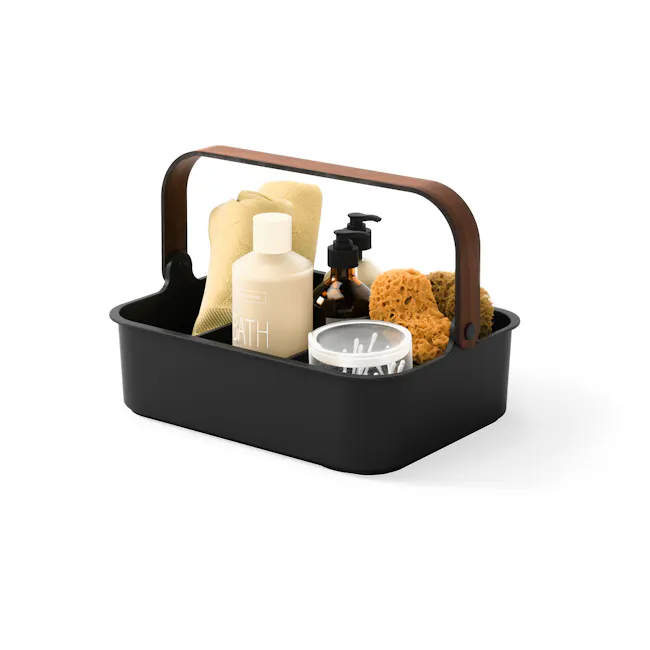 Bellwood Large Storage Organiser - Black, Walnut - 1 - Bath essentials, black container, wooden handle, toiletries, soap