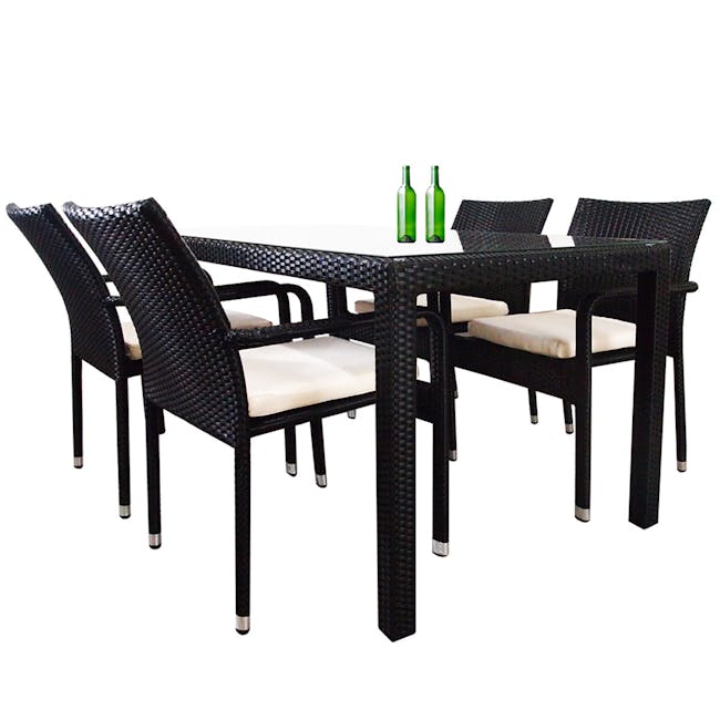 Boulevard Outdoor Dining Set with 4 Chair - White Cushion - 2 - Woven outdoor dining set, black and white color scheme, six