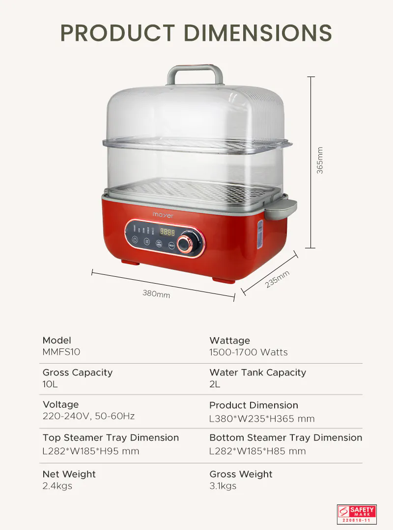 Mayer 10L Digital Food Steamer MMFS10 - 10 - Dual water tank model MMFS10, 1500-1700 watts power range, 235mm height and
