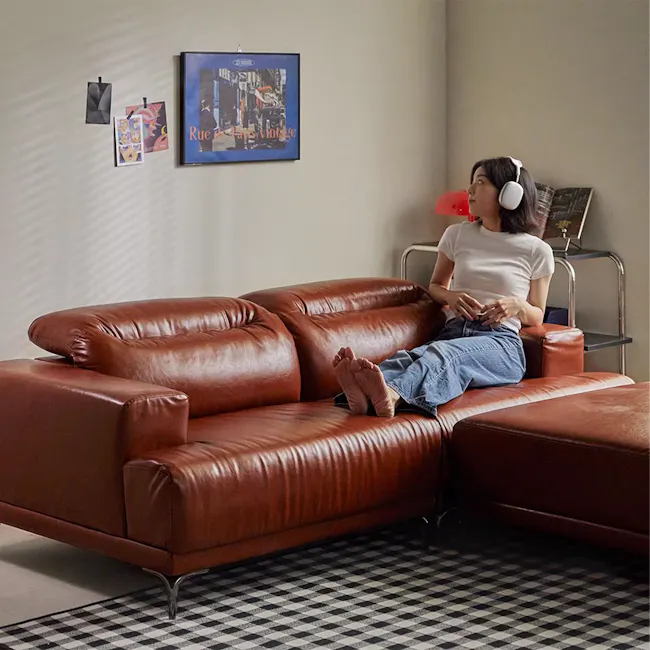 Lorney 4 Seater Sofa with Adjustable Headrest and Ottoman - Camel (Faux Leather) - 19