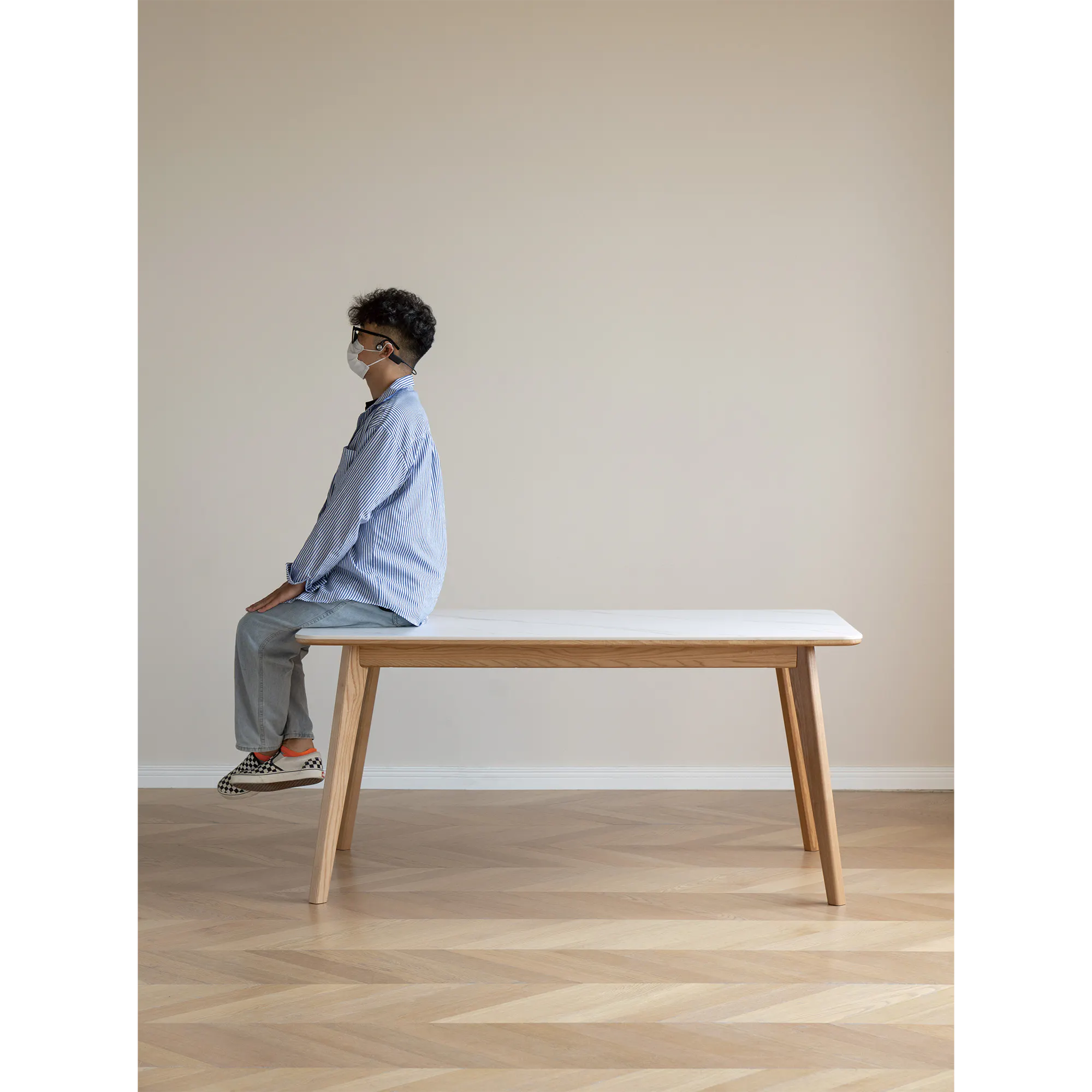 Nellie Dining Table 1.4m - Oak (Sintered Stone) - 22 - striped shirt, light blue shirt, glasses, face mask, wooden bench
