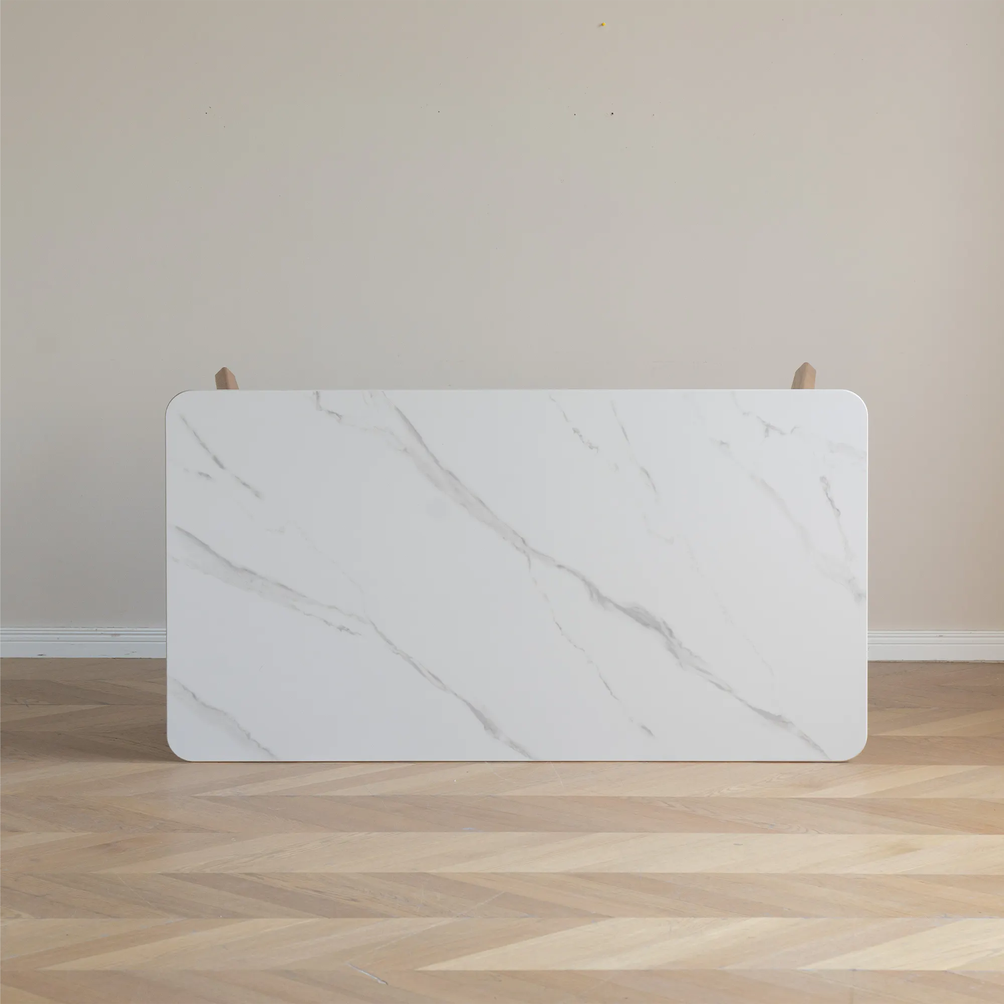 Nellie Dining Table 1.4m - Oak (Sintered Stone) - 17 - White marble with subtle gray veins, minimalist design, modern