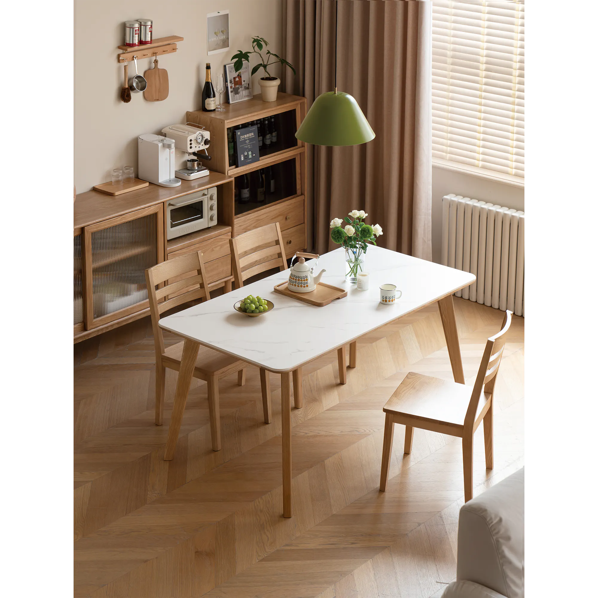 Nellie Dining Table 1.4m - Oak (Sintered Stone) - 10 - Wooden dining table, light brown wooden chairs, herringbone wooden