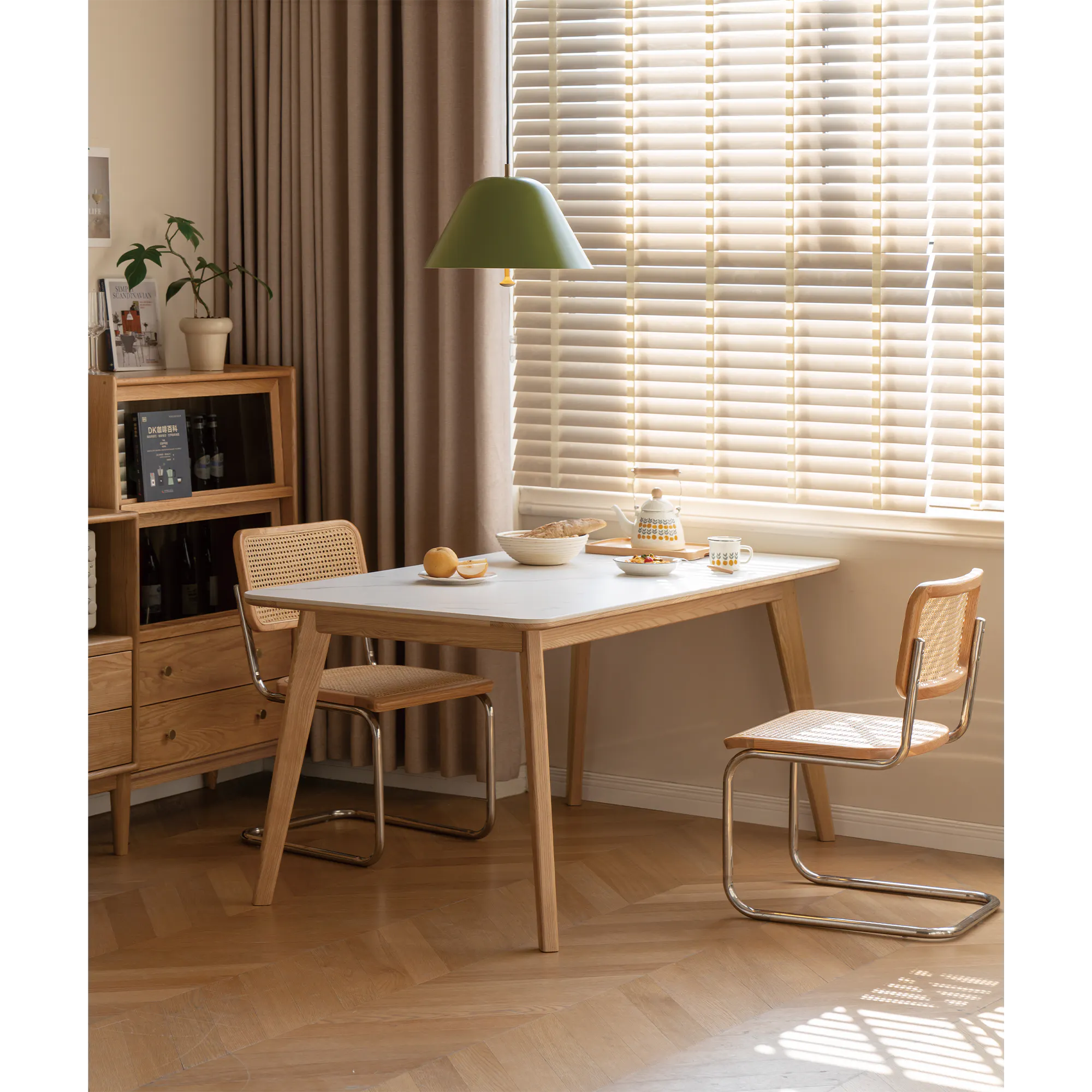 Nellie Dining Table 1.4m - Oak (Sintered Stone) - 24 - Wooden dining table, beige curtains, green pendant light, wooden