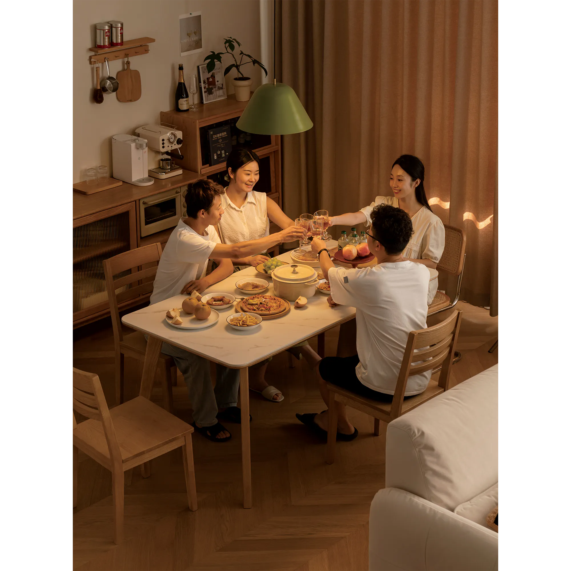 Nellie Dining Table 1.4m - Oak (Sintered Stone) - 25 - Wooden dining table, group of people, wine glasses, tableware, fruit