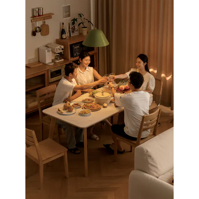 Nellie Dining Table 1.4m - Oak (Sintered Stone) - 25 - Wooden dining table, group of people, wine glasses, tableware, fruit