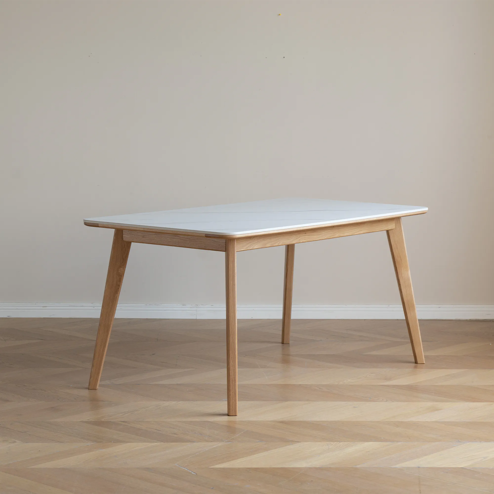 Nellie Dining Table 1.4m - Oak (Sintered Stone) - 18 - Modern minimalist table, light wood legs, white marble top