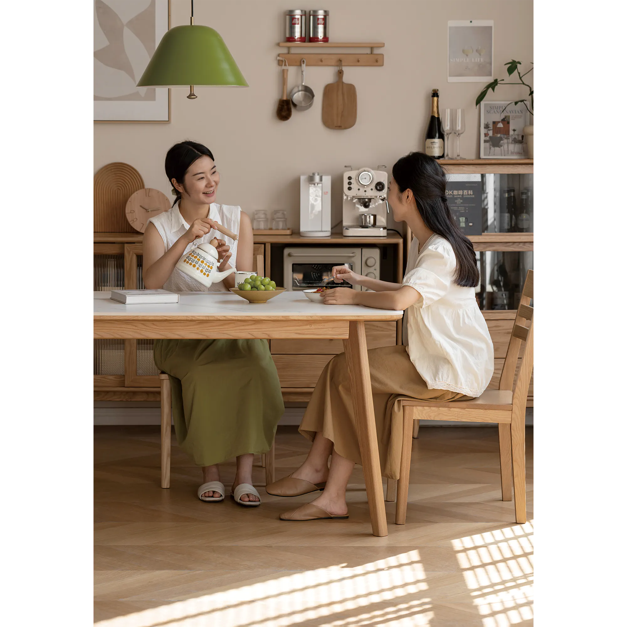 Nellie Dining Table 1.4m - Oak (Sintered Stone) - 15 - Modern kitchen, cozy atmosphere, two women, dining table, wooden