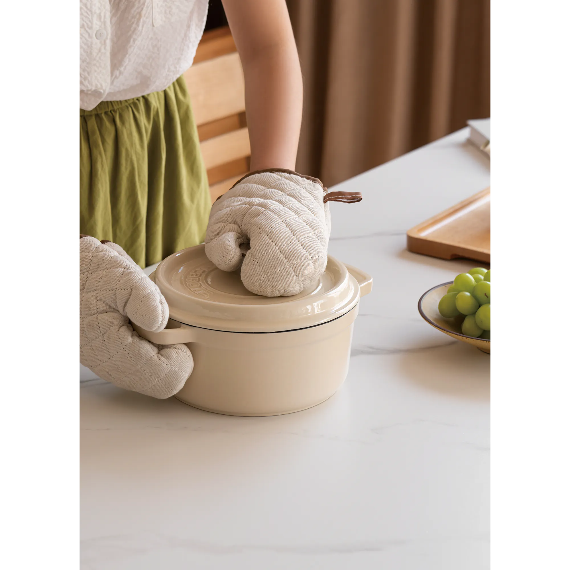Nellie Dining Table 1.4m - Oak (Sintered Stone) - 21 - Glove, kitchen, cooking, pot, beige, ceramic, lid, person, hands