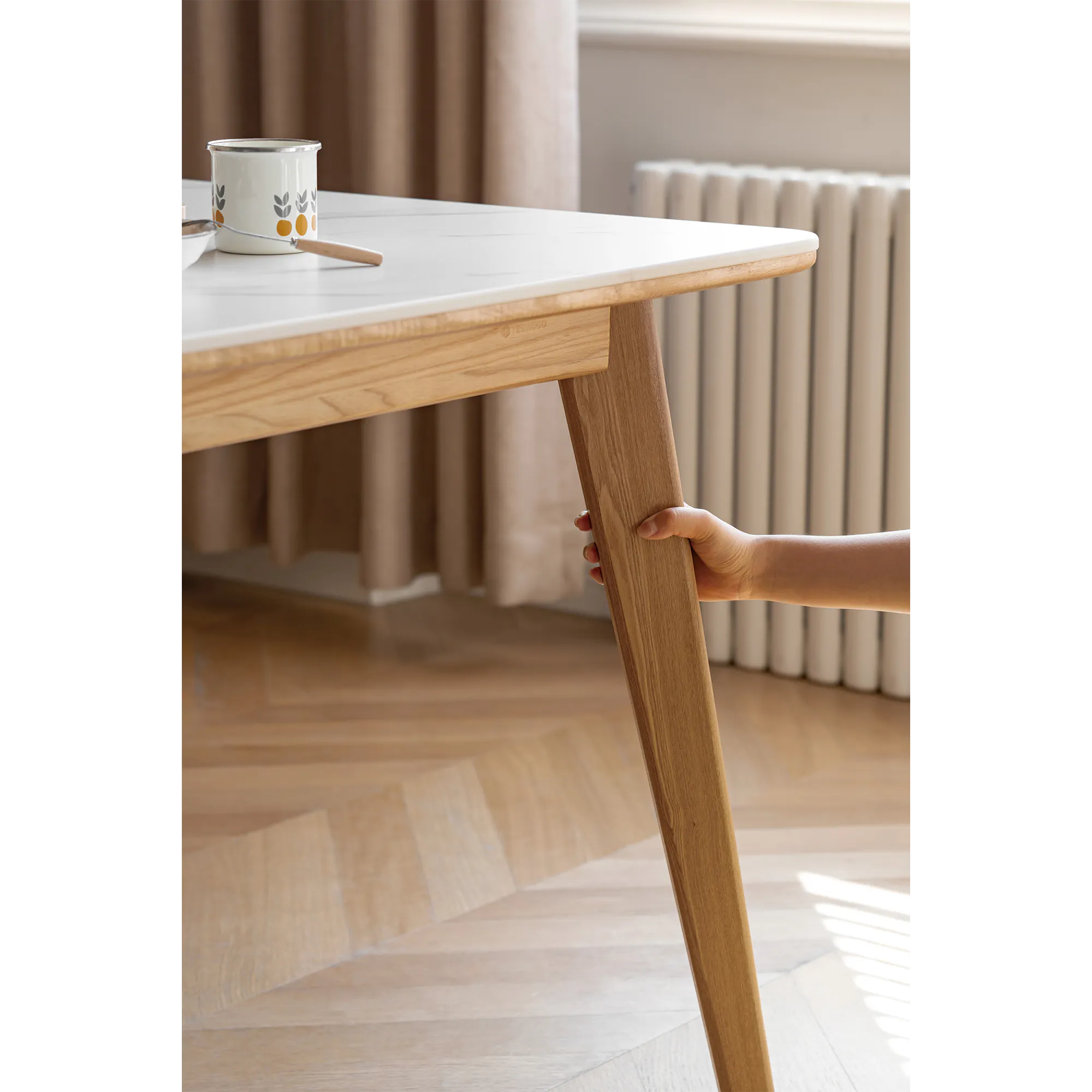 Nellie Dining Table 1.4m - Oak (Sintered Stone) - 28 - Wooden table, light wooden floor, natural sunlight, wooden chair