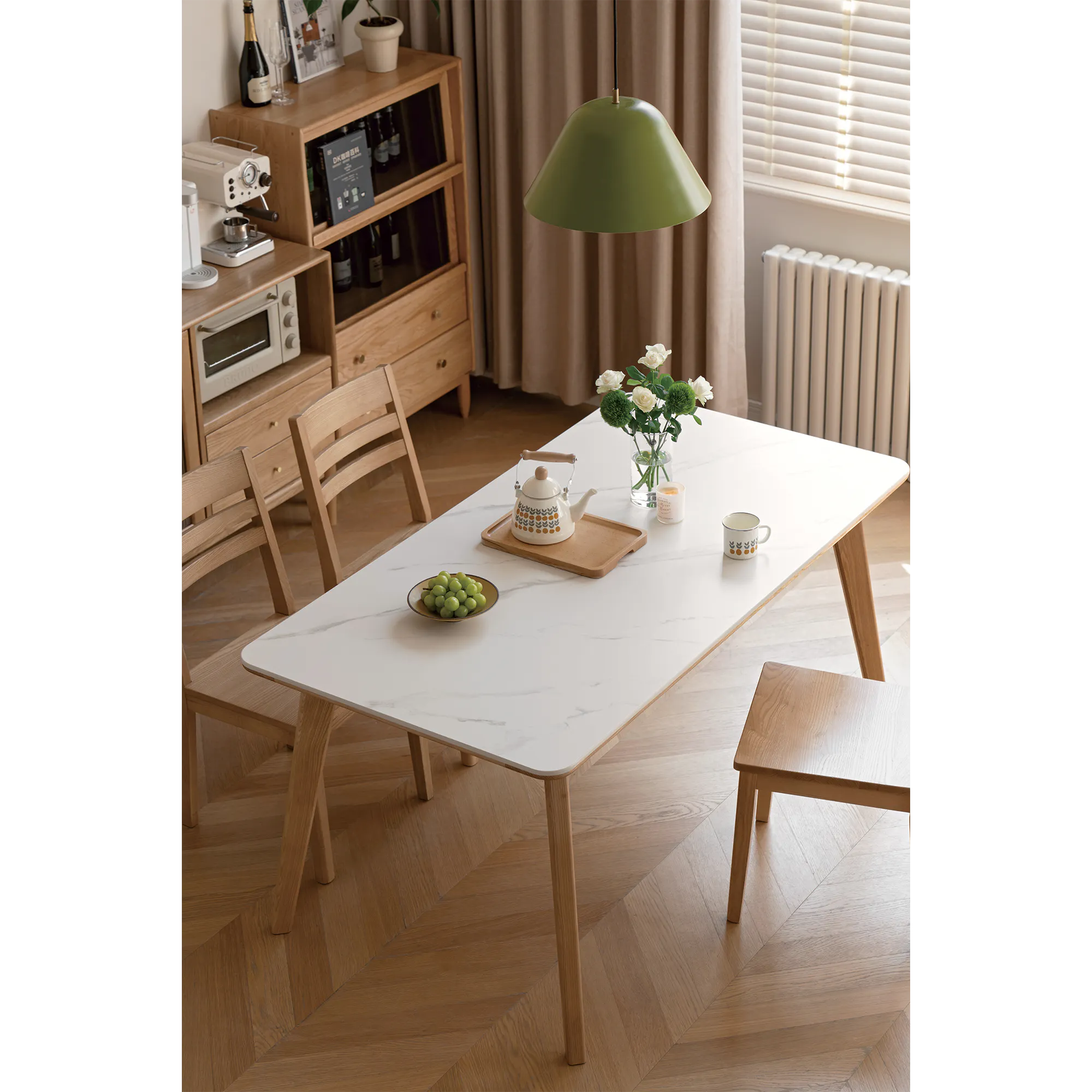 Nellie Dining Table 1.4m - Oak (Sintered Stone) - 26 - Modern minimalist dining room, wooden furniture, white marble dining