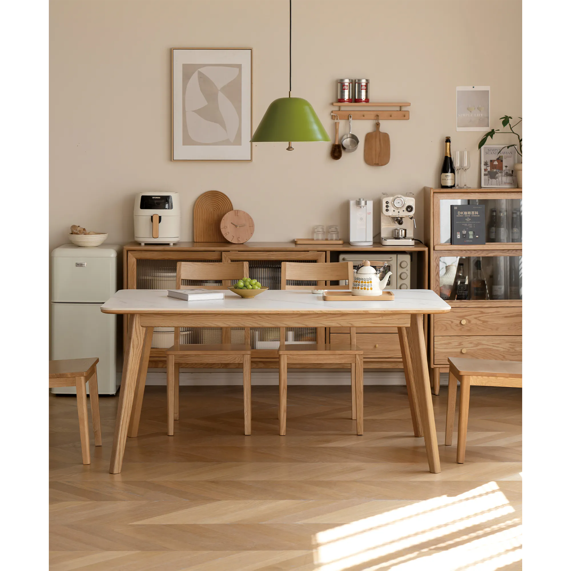 Nellie Dining Table 1.4m - Oak (Sintered Stone) - 12 - Modern kitchen with minimalist design, light beige walls, wooden