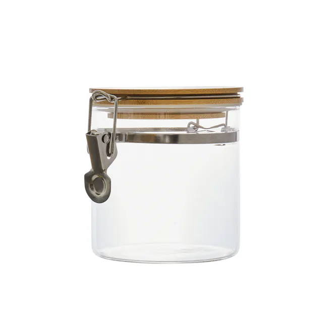 EVERYDAY Glass Jar with Bamboo Lid & Clamp (Set of 3) - 3 - Clear glass jar, metal loop, wooden lid, transparent container