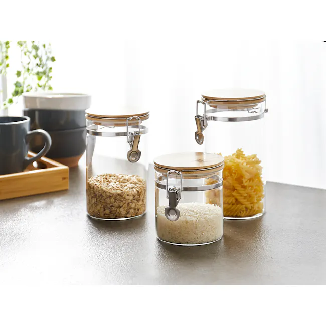 EVERYDAY Glass Jar with Bamboo Lid & Clamp (Set of 3) - 2 - glass jars, rice, pasta, grains, cereal, cereal grains, oats
