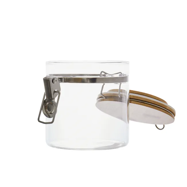 EVERYDAY Glass Jar with Bamboo Lid & Clamp (Set of 3) - 4 - Clear glass container, metal clasp, transparent lid, wooden