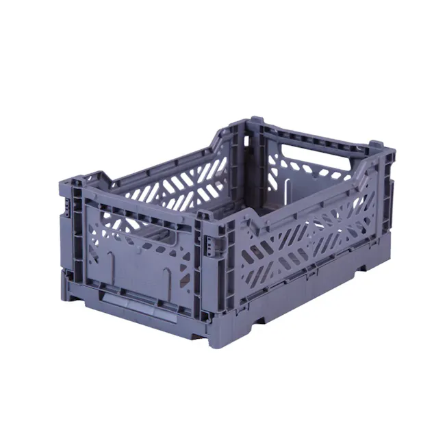 Aykasa Foldable Minibox - Cobalt Blue - 1 - Grey plastic crate with intricate cut-out patterns, Industrial-grade plastic
