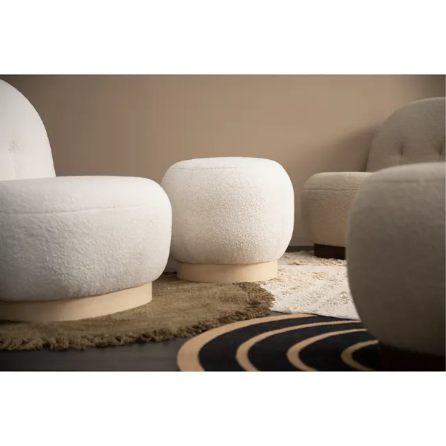 Leila Ottoman - Cream White - 3 - Cream upholstered armchair, beige upholstered armchair, round ottoman, plush carpet, beige