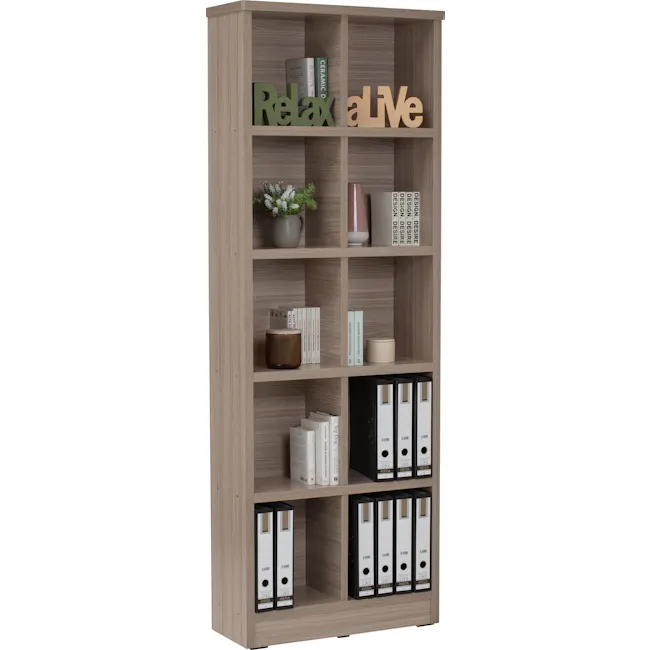 Harry 2x5 Shelving Unit - Ebonnese - 3 - Wooden bookshelf, minimalist design, neatly organized, floating letters, "Relax"