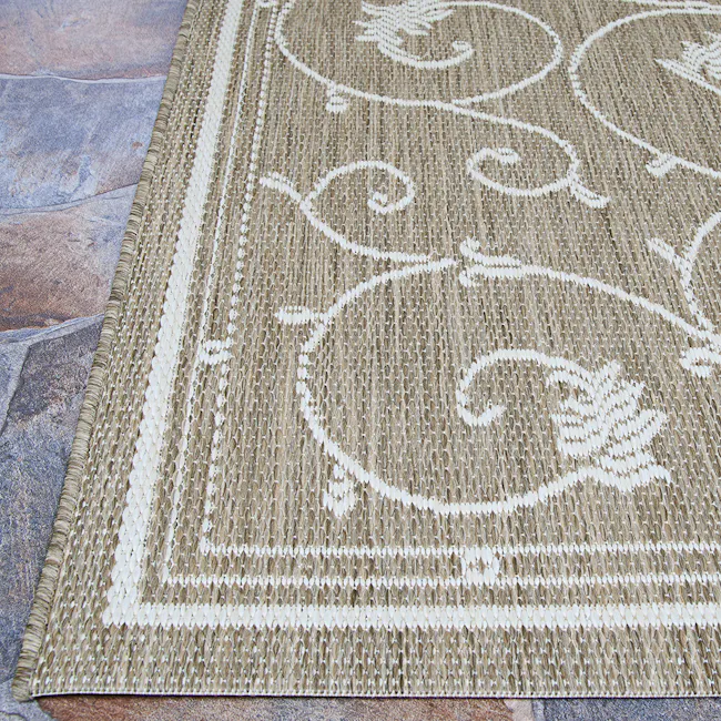 Veranda Flatwoven Rug - Champagne Taupe (3 Sizes) - 4 - Rug with intricate white patterns, beige and brown tones, textured