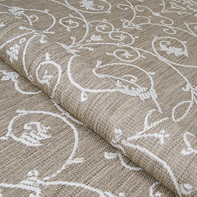 Veranda Flatwoven Rug - Champagne Taupe (3 Sizes) - 6 - Bamboo fabric with intricate white floral patterns, textured and
