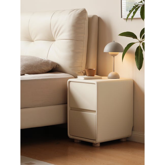 Nolan King Storage Bed in Silver Fox with 2 Asher Narrow Bedside Table - 16 - Cream sofa, beige cushions, wooden floor