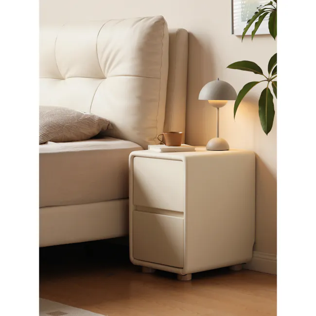 Nolan King Storage Bed in Silver Fox with 2 Asher Narrow Bedside Table - 16 - Cream sofa, beige cushions, wooden floor