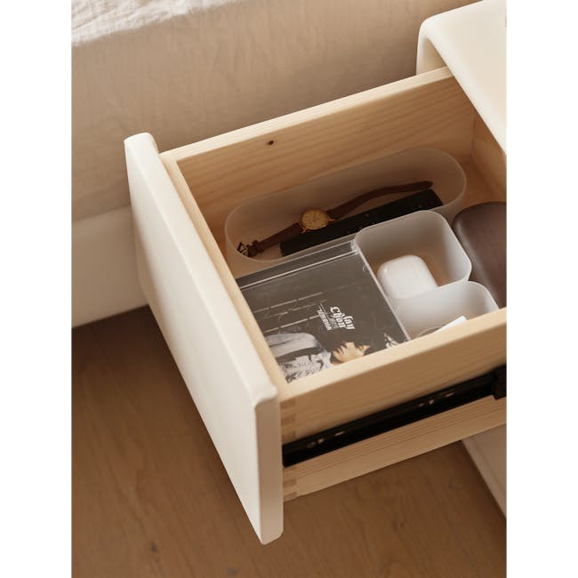 Nolan King Storage Bed in Silver Fox with 2 Asher Narrow Bedside Table - 22 - Wooden drawer, beige bed, white drawer pull