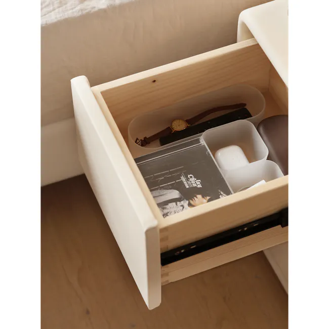 Nolan King Storage Bed in Silver Fox with 2 Asher Narrow Bedside Table - 22 - Wooden drawer, beige bed, white drawer pull