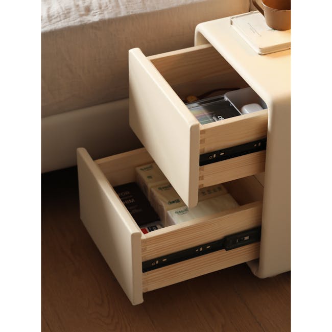 Nolan Queen Storage Bed in Hailstorm with 2 Asher Narrow Bedside Table - 16 - Wooden drawer unit, beige drawer, open drawer