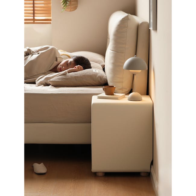 Nolan Queen Storage Bed in Hailstorm with 2 Asher Narrow Bedside Table - 20 - Soft, cozy bedroom scene, person sleeping on