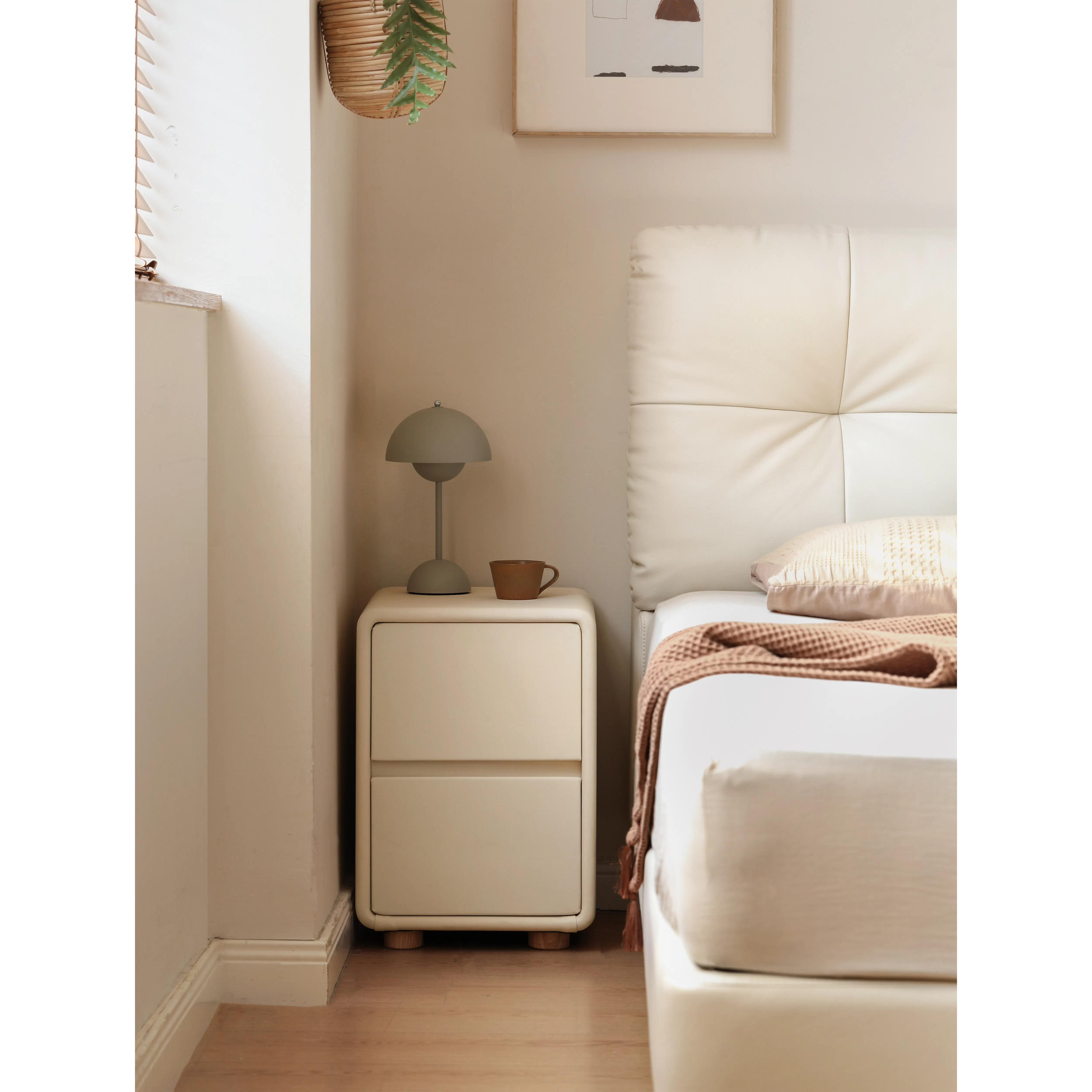 Nolan Queen Storage Bed in Oatmeal with 2 Asher Narrow Bedside Table - 14 - White bedside table with gray lamp, brown mug