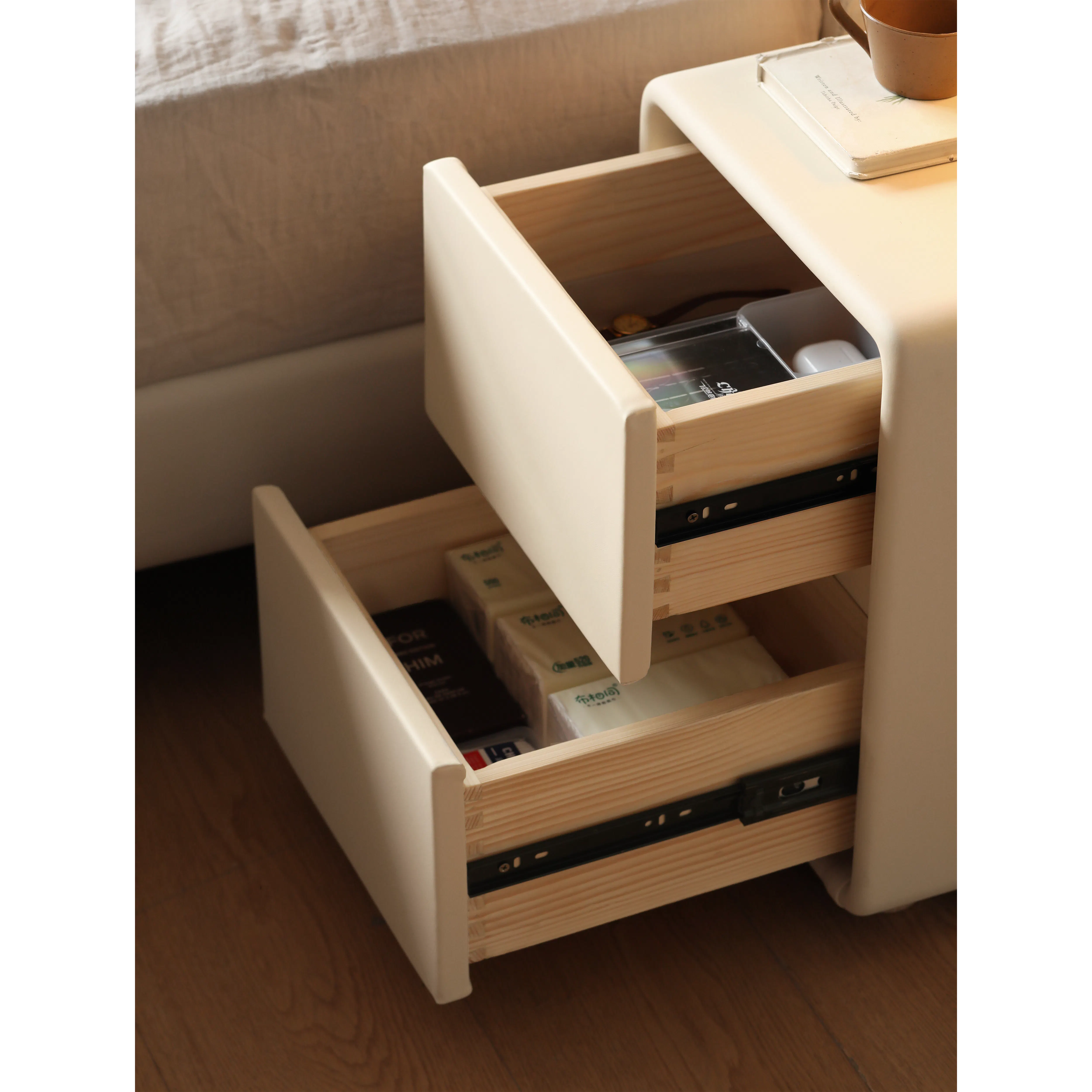 Nolan Queen Storage Bed in Oatmeal with 2 Asher Narrow Bedside Table - 16 - Wooden drawer unit, beige drawer, open drawer