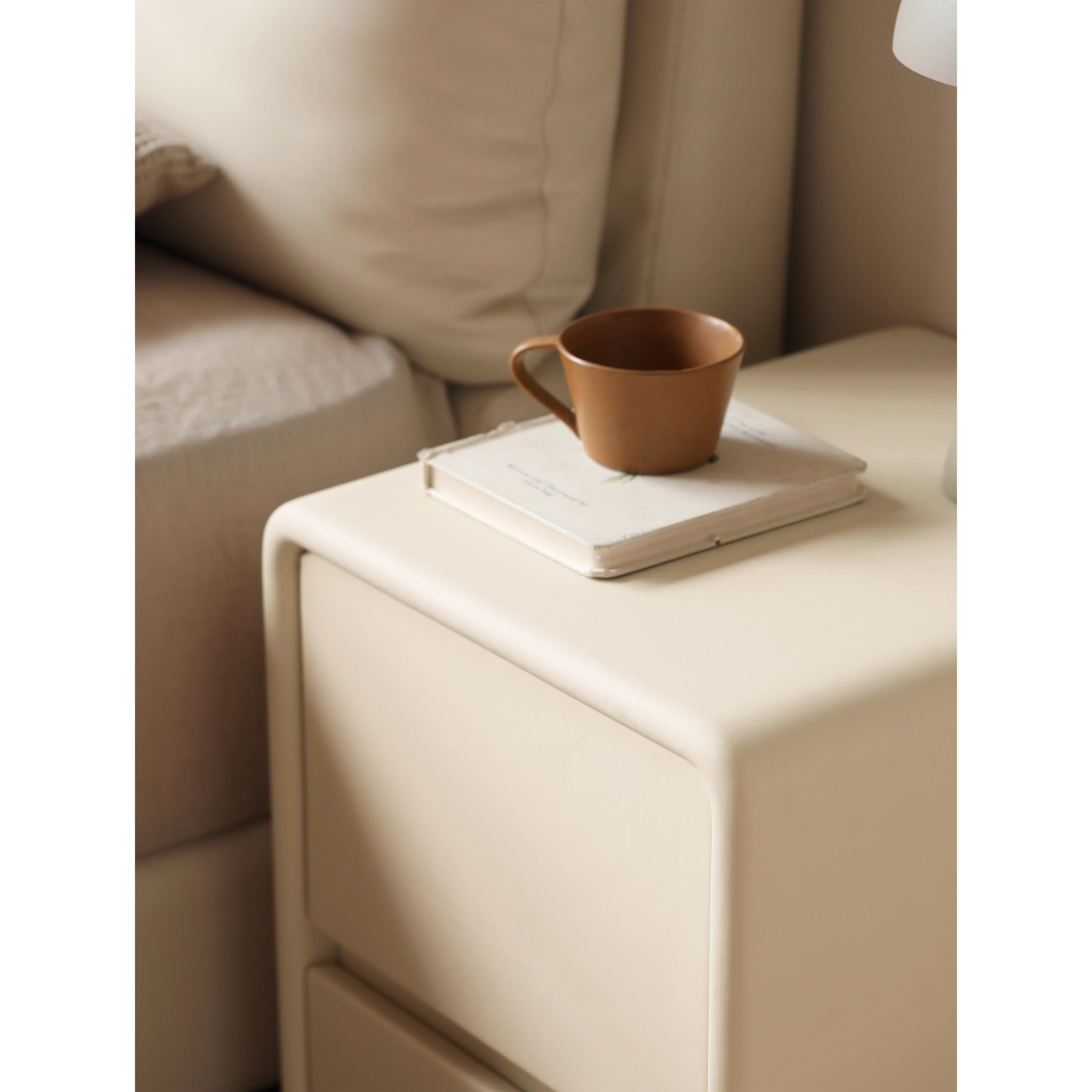 Nolan Queen Storage Bed in Oatmeal with 2 Asher Narrow Bedside Table - 19 - Mellow room ambiance, cozy setting, soft