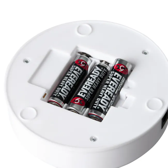 Ambient Aura LED Tree - Gold - 3 - Battery compartment, white circular design, cylindrical batteries, "Eveready" branding