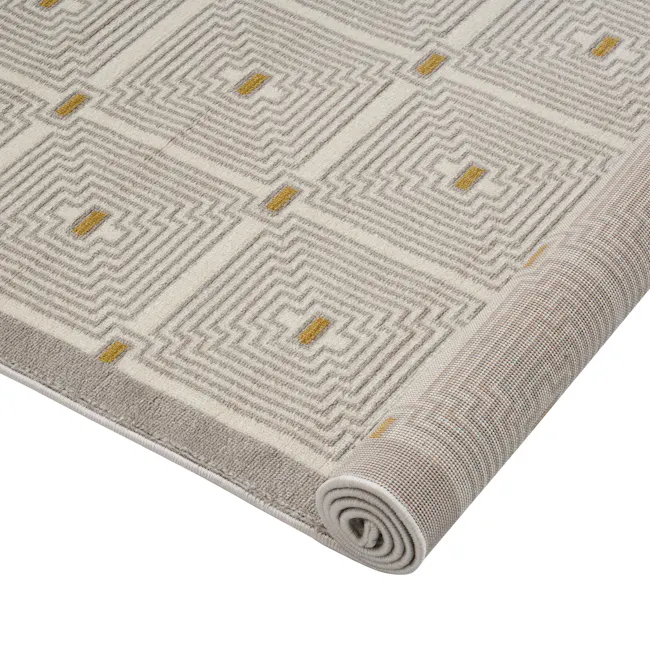 Luca Low Pile Rug - Geosquare (3 Sizes) - 8 - Patterned rug with geometric design, beige and gray color scheme, intricate