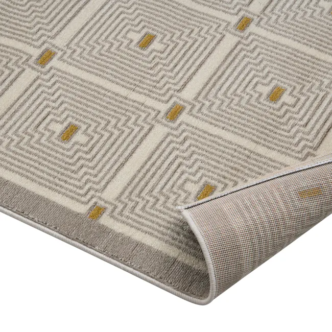Luca Low Pile Rug - Geosquare (3 Sizes) - 7 - Meticulously designed beige and gray geometric pattern, accentuated with