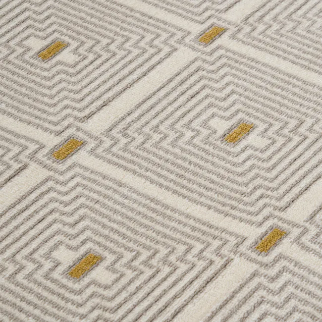 Luca Low Pile Rug - Geosquare (3 Sizes) - 4 - Patterned carpet with geometric design, beige and yellow colors, intricate
