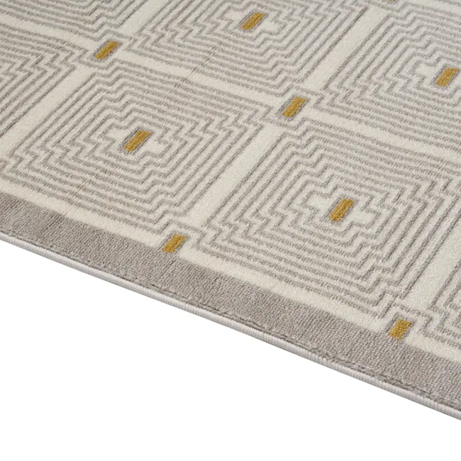 Luca Low Pile Rug - Geosquare (3 Sizes) - 5 - Meticulously designed geometric pattern, beige and gray color scheme, subtle