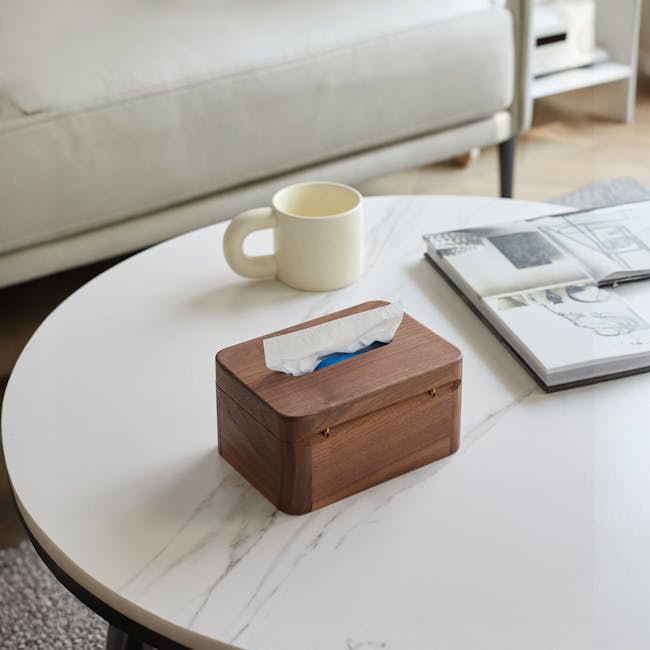 Kenji Tissue Box - 5 - Wooden box with tissue, white mug, marble table, modern living room, cozy atmosphere, minimalist