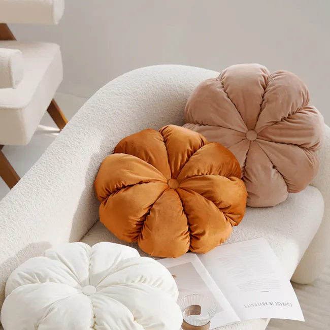 Velvet Petal Round Cushion - Rust - 2 - Cream, beige, plush, modern, cozy, comfortable, soft, textured, inviting, elegant