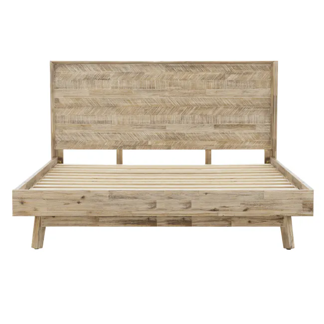 Leland King Bed - 4 - Wooden bed frame, natural wood texture, horizontal slats, minimalist design, modern aesthetic, rustic