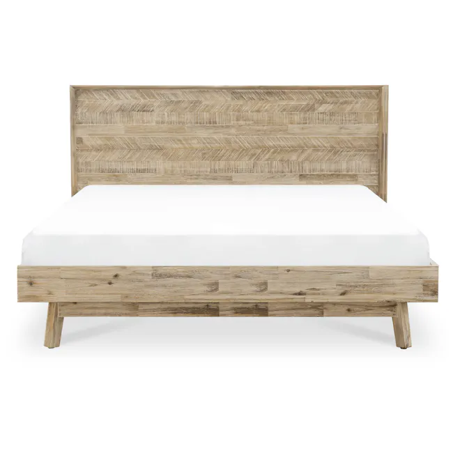 Leland King Bed - 1 - Wooden headboard, minimalist design, natural wood finish, textured pattern, wooden legs, rustic