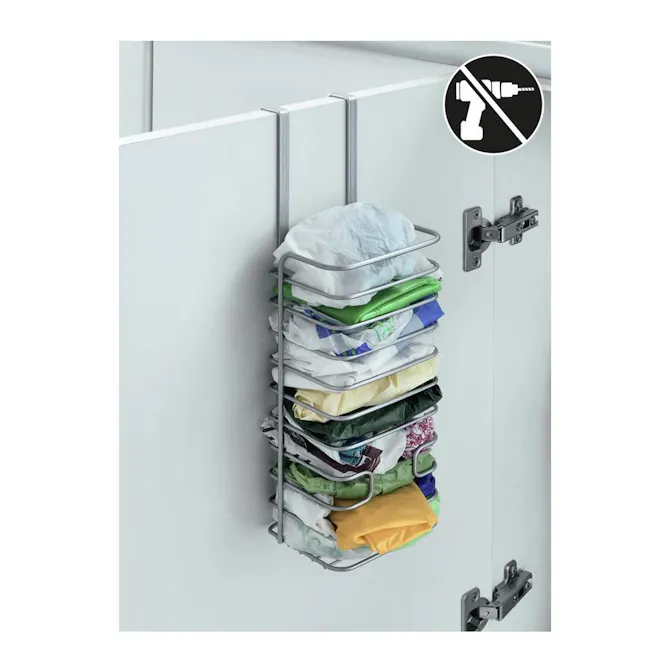 Metaltex Plastic Bag Dispenser - Silver - 3 - stack of folded clothes, hanging laundry, metal rack, white cabinet, laundry