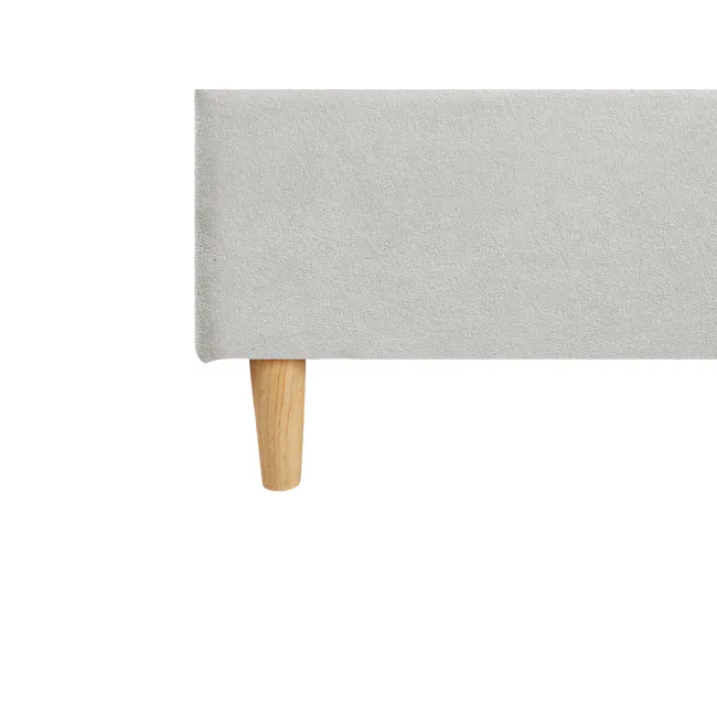 Aspen King Bed - Ice Grey - 6 - Wooden handle on kitchen utensil, White textured fabric background, Light wood finish on