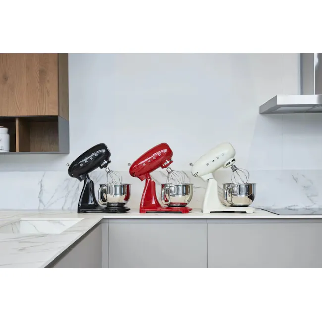 SMEG Stand Mixer Full Colour - Black - 2 - 3-bain-marie stand mixer, modern kitchen countertop, stainless steel bowls, white