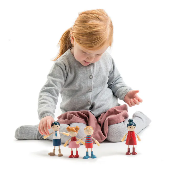 Tender Leaf Doll House - Doll Family - 5 - child, sitting, blonde hair, gray sweater, pink socks, wooden toys, dolls, small