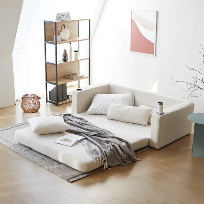 Holmes 3 Seater Sofa Bed - Ivory (Eco Clean Fabric) - 9 - Modern minimalist living room, cozy seating area, light-colored