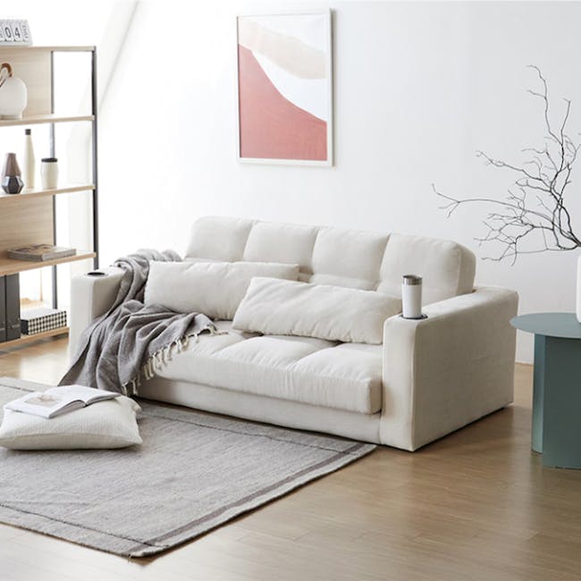 Holmes 3 Seater Sofa Bed - Ivory (Eco Clean Fabric) - 3 - Modern minimalist living room, cozy beige sofa, light gray rug