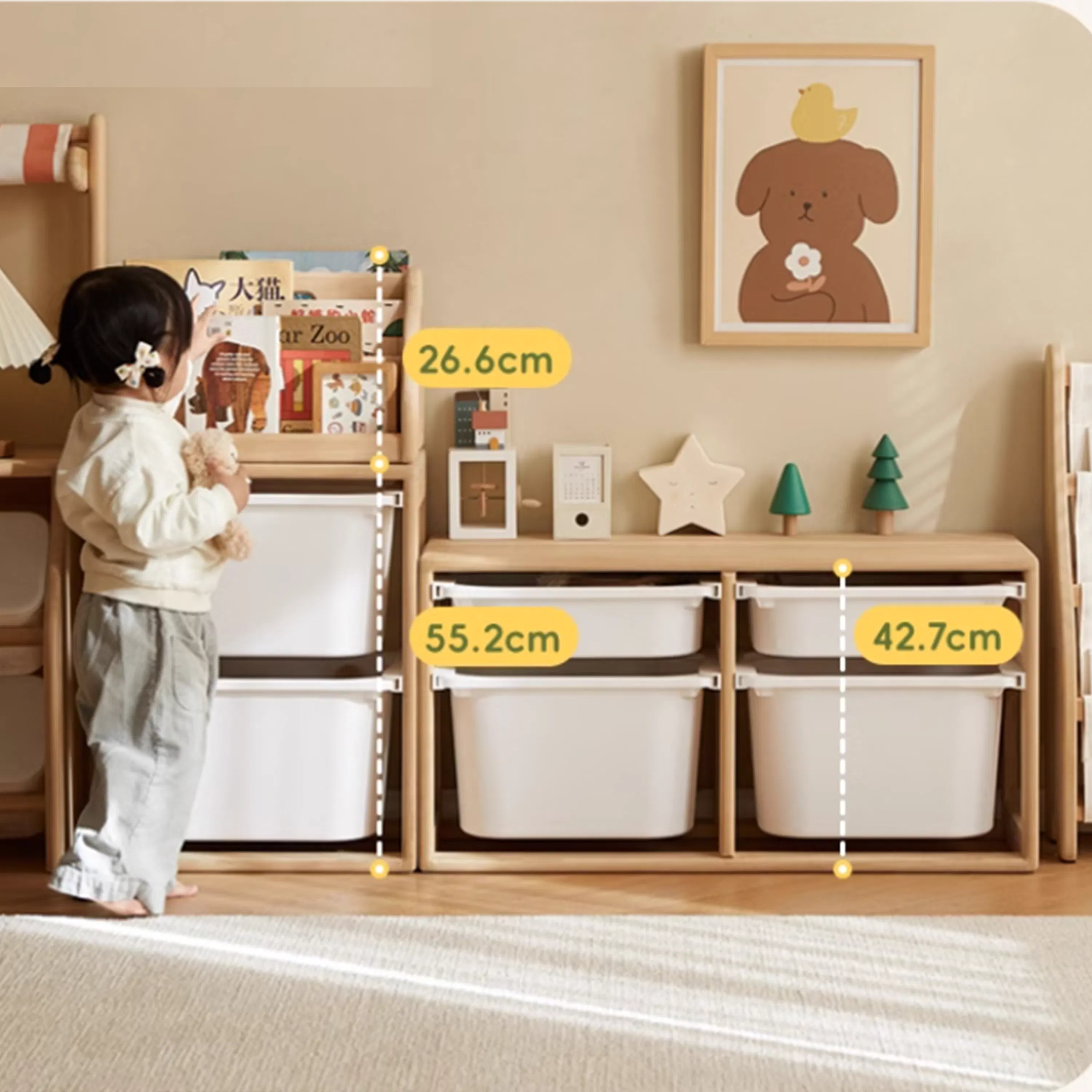 Micah Wooden Kids 2 Tier Storage Cabinet 0.43m - 10 - child standing next to storage bins, measuring bins, 6 cm bin, 2 cm
