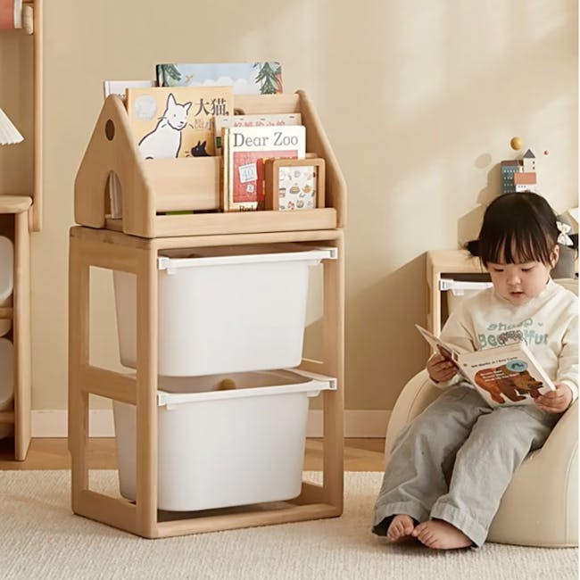 Micah Wooden Kids Toys Storage - Set of 3 - 18 - Wooden children's reading stand with built-in bins, child sitting on a